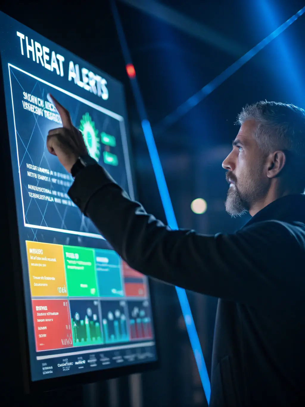 A futuristic interface displaying real-time threat intelligence data, with analysts monitoring and responding to potential cyber attacks, showcasing advanced threat detection capabilities.