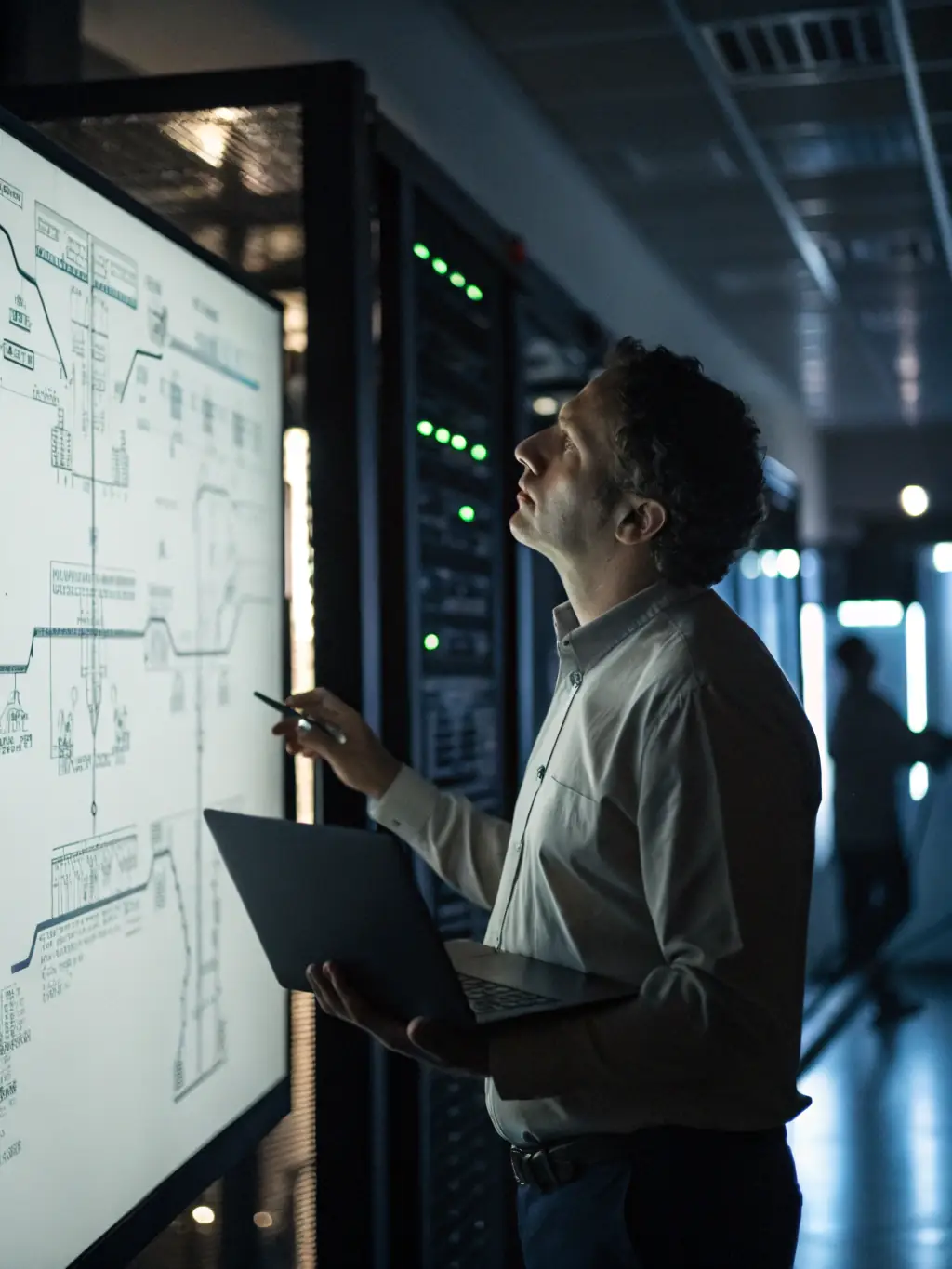 A professional cybersecurity consultant in a suit, analyzing network traffic on a laptop, with a server room visible in the blurred background, representing vulnerability assessment services.